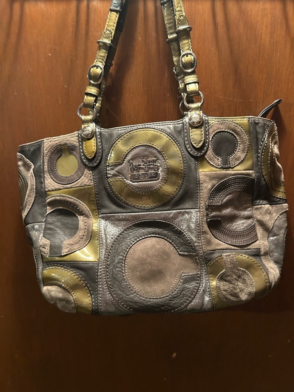 Coach Patchwork Circle Tote Bag in Olive Green and Taupe y2k